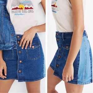 MADEWELL STRETCH DENIM STRAIGHT MINI SKIRT PIECED EDITION 30 BLUE 2 tone snaps